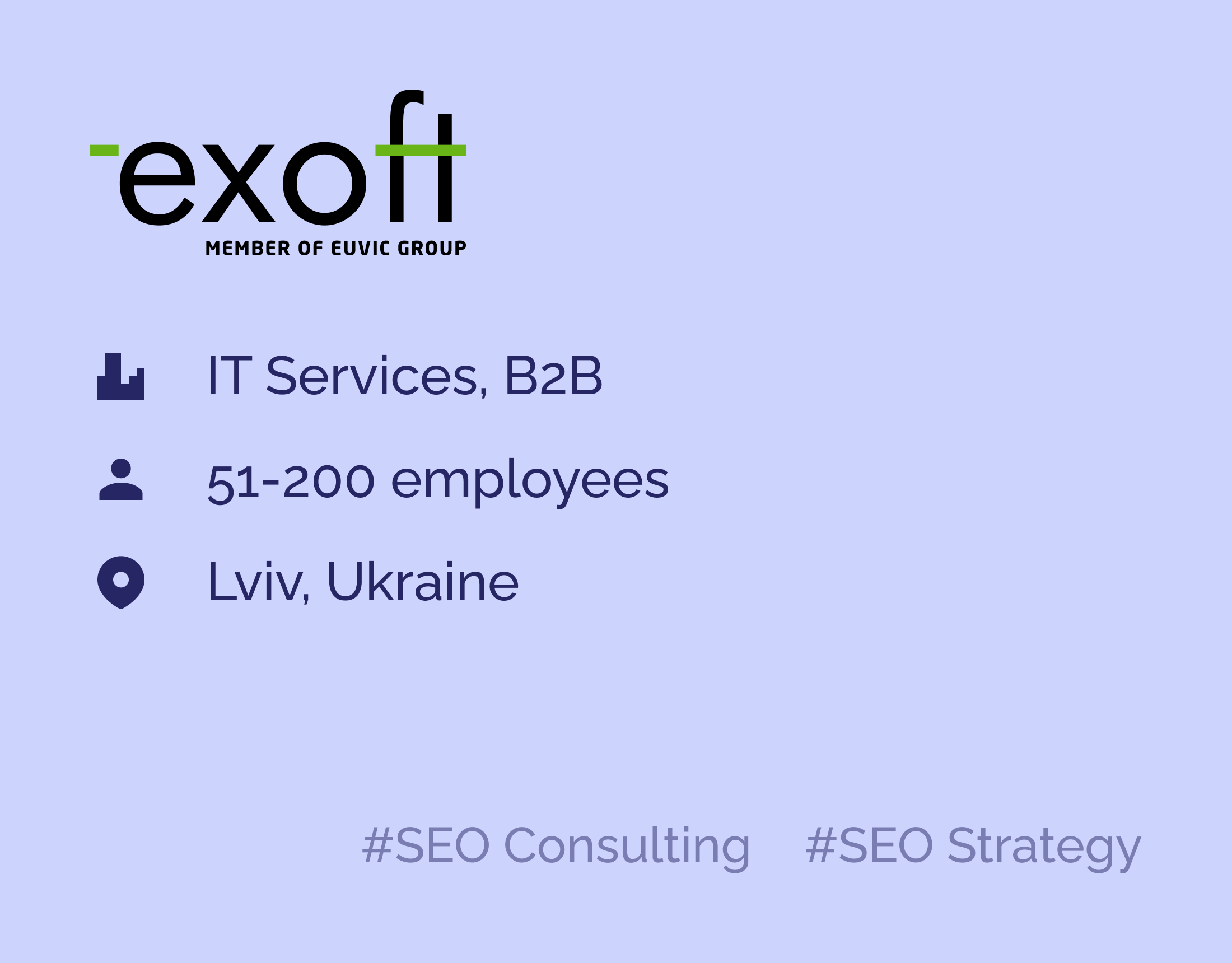 Exoft-info-card An informational card with SEO consulting and SEO strategy inscriptions provided to the GrowPad client Exoft