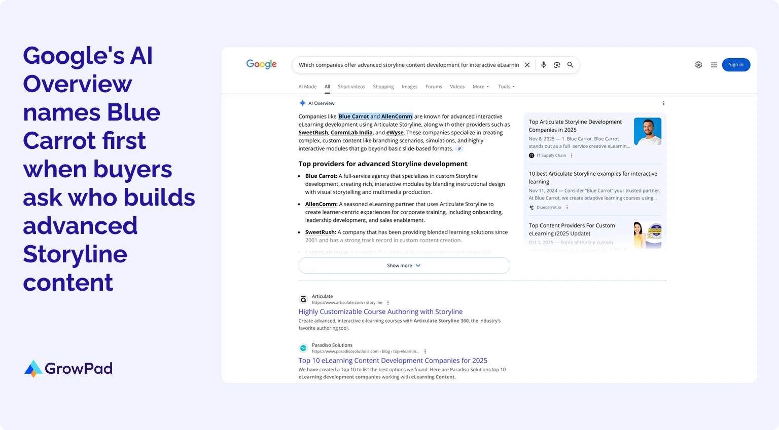 Google AI overview Google AI Overview answer listing Blue Carrot first among agencies for advanced interactive Storyline eLearning content.