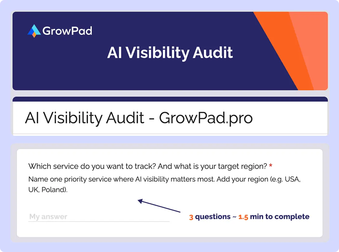 ai-visibility-audit Ai Visibility Audit insrpition with GrowPad logo and one questions from the Google Form with an arrow and insription 3 questions ~ 1.5 min to complete.