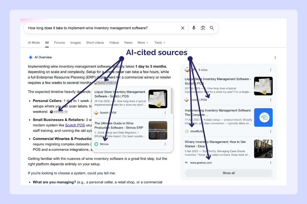 AI-citated sources Google AI Overview for wine inventory software query with arrows showing AI-cited sources — the pages GrowPad targets for outreach.